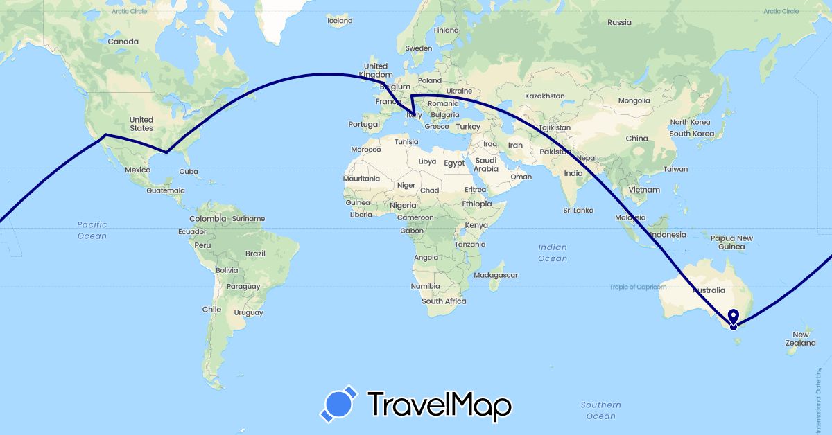 TravelMap itinerary: driving in Australia, Germany, France, United Kingdom, Indonesia, Italy, United States (Asia, Europe, North America, Oceania)